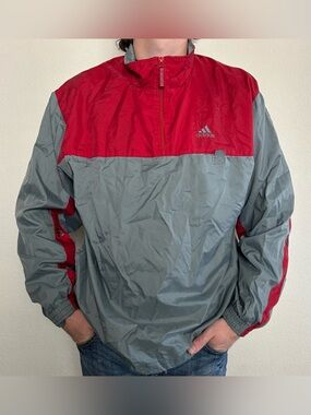 Vintage ADIDAS 1990s Red and Gray Jacket Quarter Zip Windbreaker Men’s Sz XL